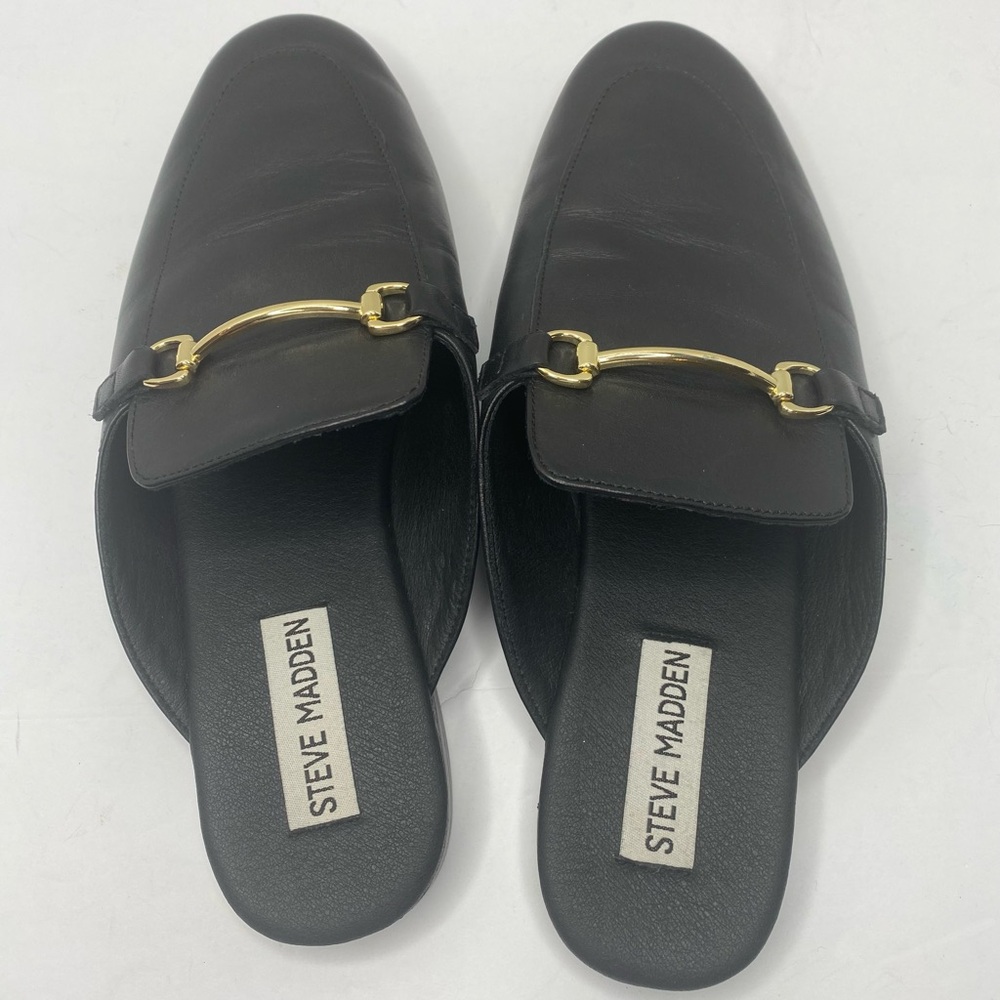 Steve Madden Black Leather Mules with Gold Horsebit